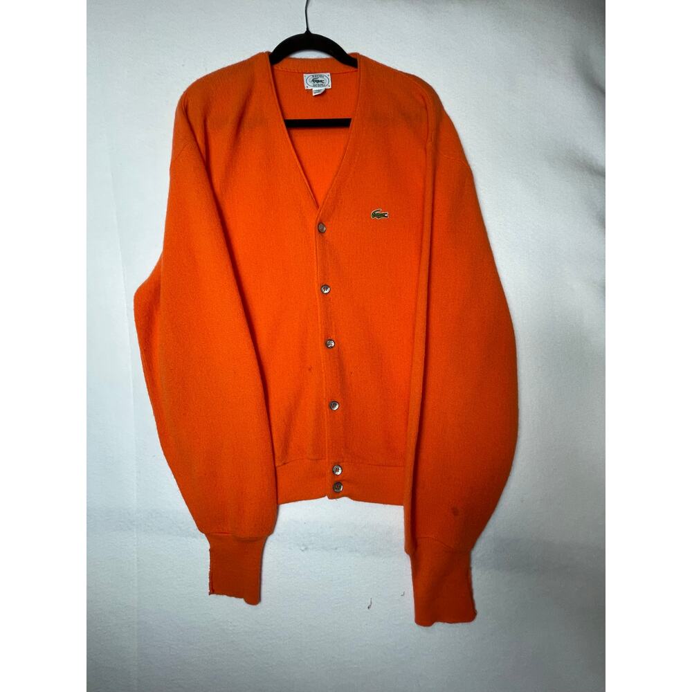 Vintage 70s Lacoste Izod Orange Cardigan Sweater Size XL